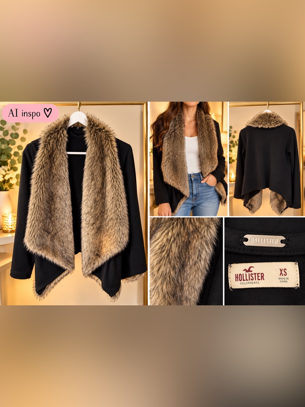 Hollister Black Jacket with Faux Fur Collar | Size XS | Chic Winter Coat